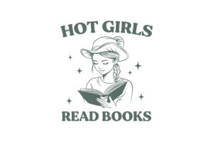 Logo with a girl in a hat reading a book, and the words 'HOT GIRLS READ BOOKS' above it, in a greenish line-art style.