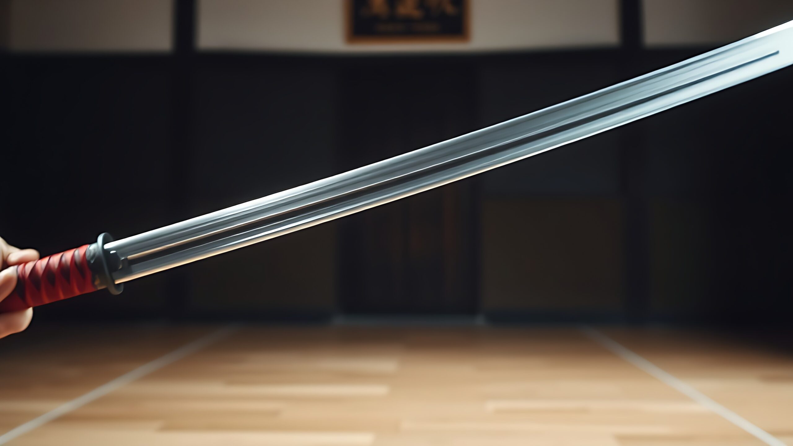 Close-up of a katana sword with a red-wrapped handle, blade extending diagonally across a wooden floor.