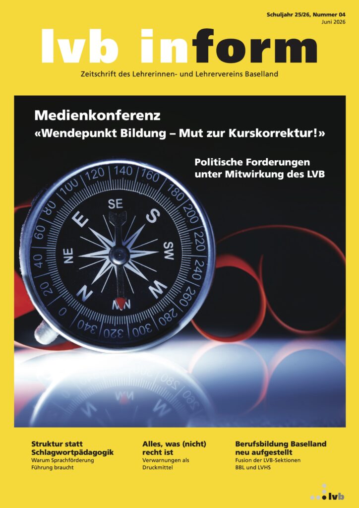 Cover of lvb inform magazine on a bright yellow page with a large compass image and bold white/black typography, June 2026 issue.